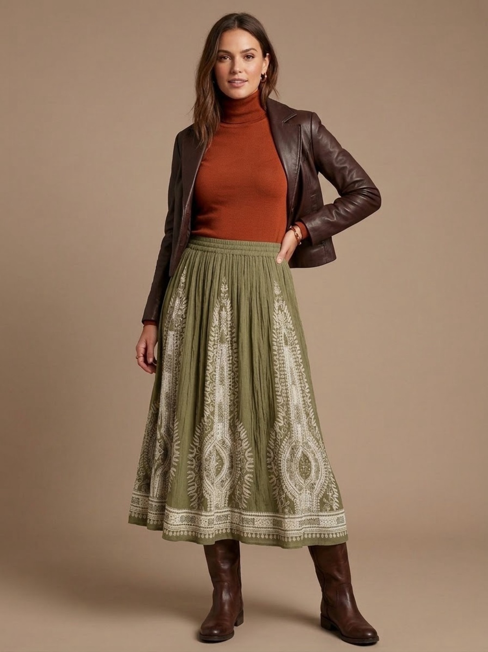 Philosophy Republic Clothing Bohemian Printed Crinkle Rayon Midi Maxi Skirt
